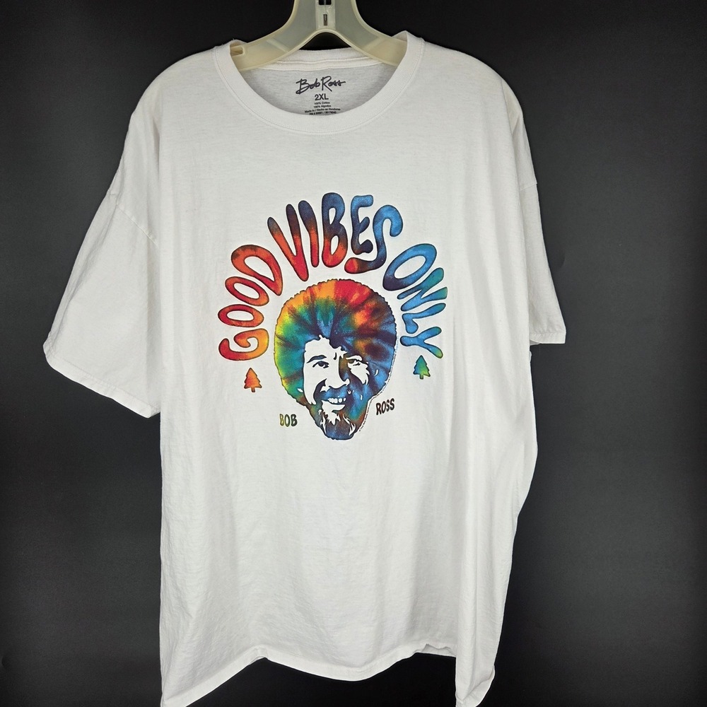 Bob Ross Mens Good Vibes Only Graphic T-Shirt White Tie Dye Afro 2XL Cotton Tee